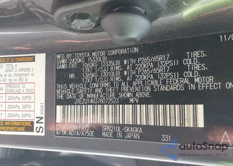 2007 Toyota 4Runner Sr5 V6 из США, поврежденный, VIN JTEZU14R378072523